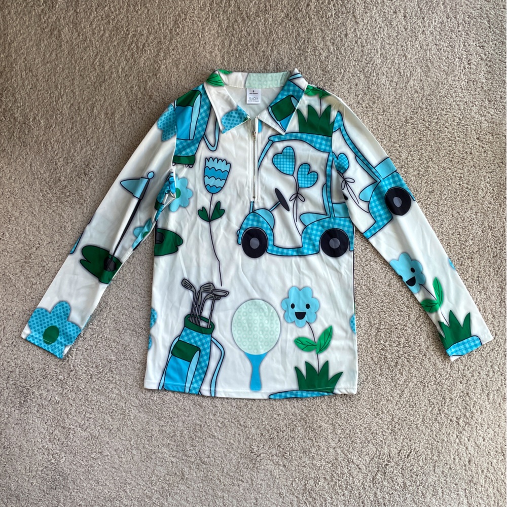 Boutique Golf Cartoon Print Half Zip Pullover Top Size Small- Collar Athletic